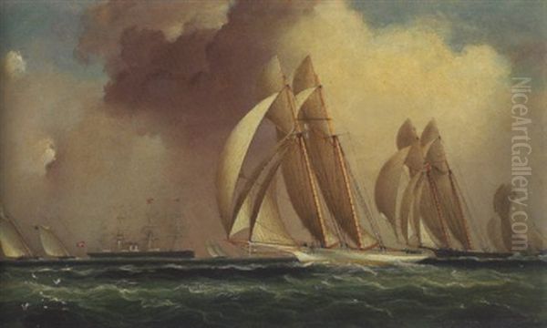 Yachts Racing Under Storm Clouds, Rounding A Steamer Oil Painting by James Edward Buttersworth