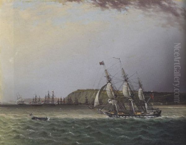 British Warship And Fleet Off A Coast by James Edward Buttersworth