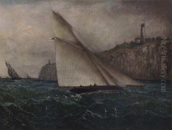 A Racing Cutter Tacking Inshore Oil Painting by James Edward Buttersworth