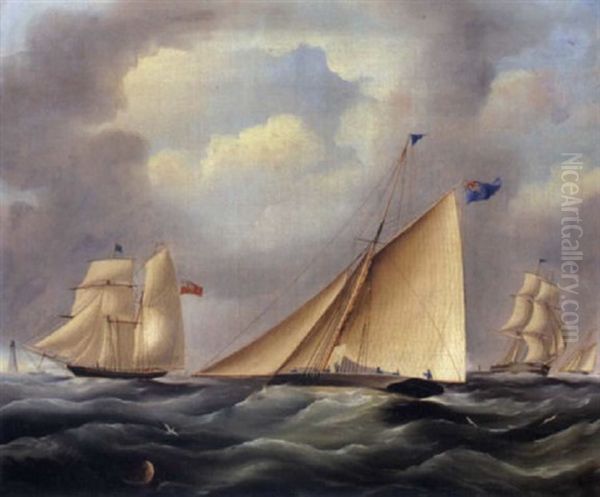 A Cutter And Other Shipping Near A Lighthouse Oil Painting by James Edward Buttersworth