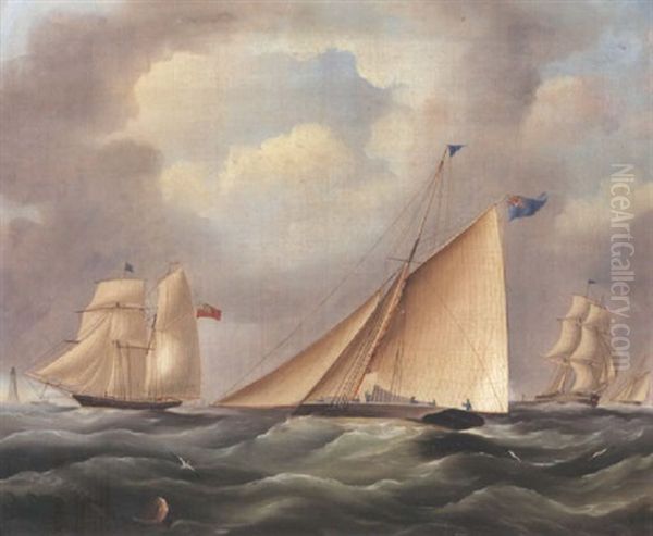 A Cutter And Other Shipping Near A Lighthouse Oil Painting by James Edward Buttersworth