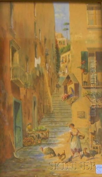 View Of An Alley With A Woman Feeding The Chickens Oil Painting by Alessandro Altamura