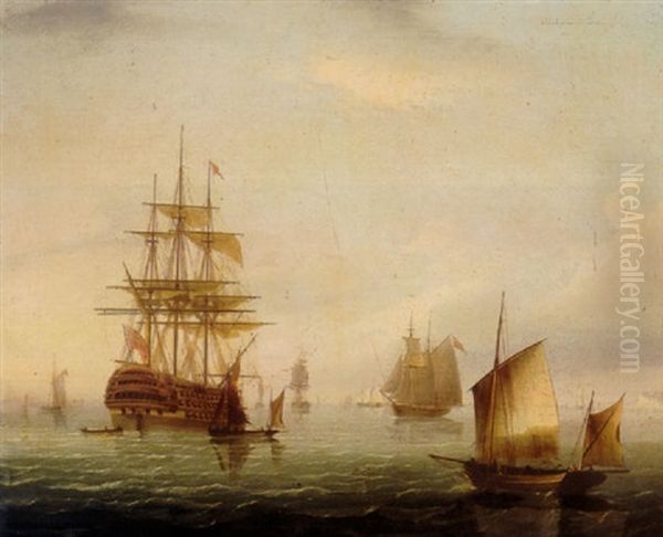 Sailing Vessels Off A Coastline Oil Painting by James Edward Buttersworth