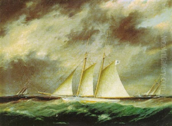 Schooners In Rough Seas Oil Painting by James Edward Buttersworth