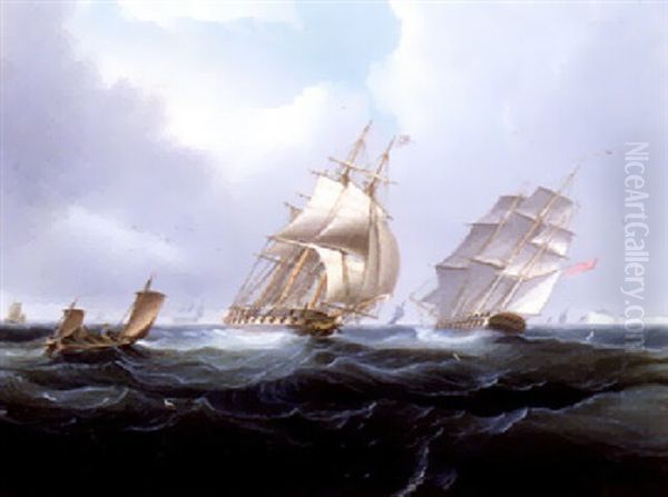 Two British Frigates Passing Each Other Oil Painting by James Edward Buttersworth