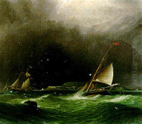 Ships Tossed By Rough Seas Oil Painting by James Edward Buttersworth