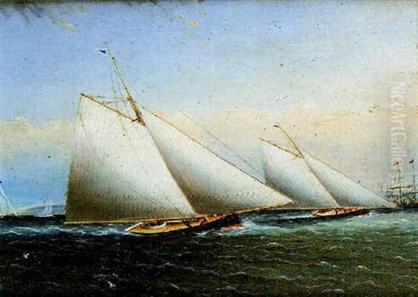 Gaff-rigged Cutters Off A Coastline Oil Painting by James Edward Buttersworth