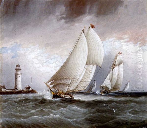 Yacht Race Near Lighthouse Oil Painting by James Edward Buttersworth