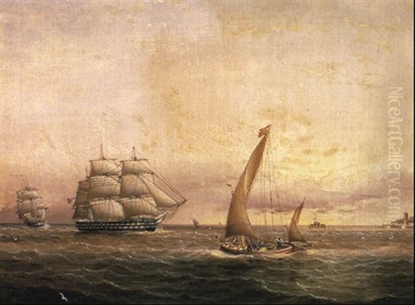 Two American Naval Vessels Entering Harbor Oil Painting by James Edward Buttersworth