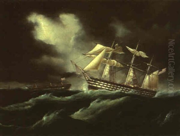 Ships In A Stormy Sea Oil Painting by James Edward Buttersworth