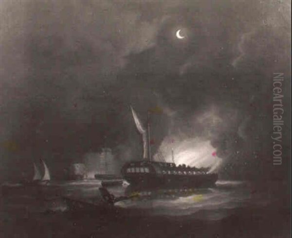 Night Time Battle Scene Oil Painting by James Edward Buttersworth