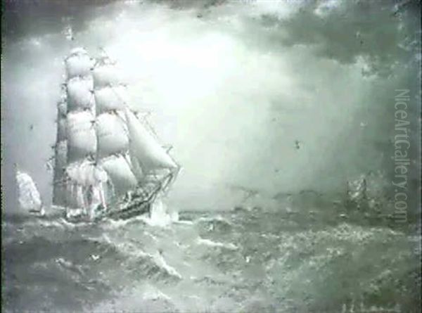 An American Frigate And Other Shipping Off The Coast Oil Painting by James Edward Buttersworth