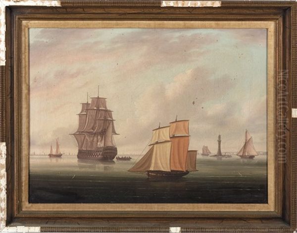 British Man 'o War At Anchor, With An Armed Brig In The Foreground Oil Painting by Thomas Buttersworth