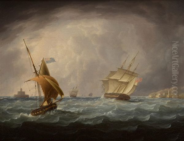 A Ship Of The Line Headed Out With The Fleet Oil Painting by Thomas Buttersworth