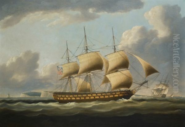 A Royal Navy Fourth-rate Ship Of The Line Heading Up To Anchor In The Downs Off Deal, Kent Oil Painting by Thomas Buttersworth