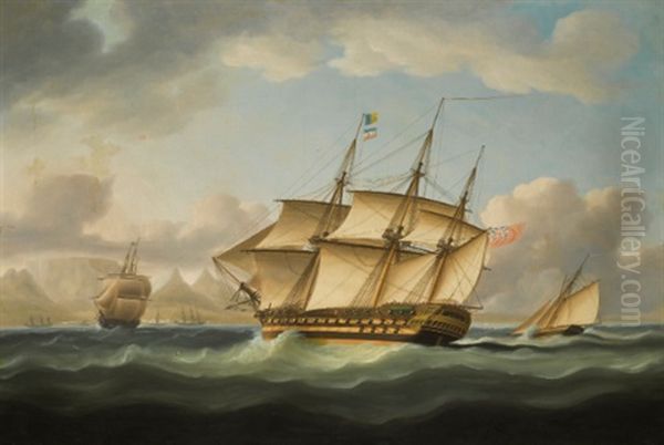 A Third-rate British Privateer With A Cutter Astern Off The Cape Of Good Hope, With A View Of Table Bay And Cape Town Beyond Oil Painting by Thomas Buttersworth