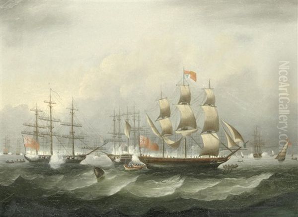 Ships Of The Fleet At Anchor In Spithead And Saluting The Arrival Of A Royal Yacht, Most Probably The Royal George Oil Painting by Thomas Buttersworth