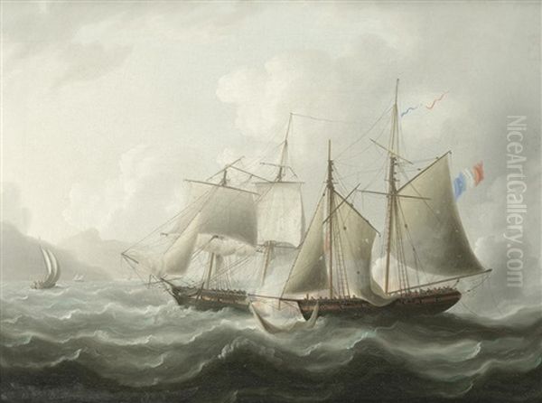 A Royal Navy Brig In A Close Action With A French Armed Lugger Off A Rocky Coast During The Napoleonic Wars Oil Painting by Thomas Buttersworth