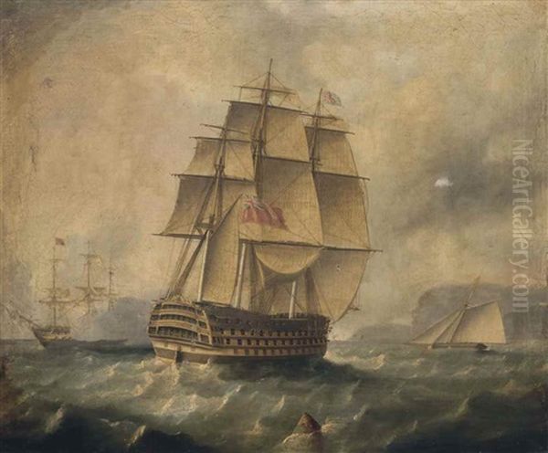 British '74' Engaging The Enemy, With A Pilot Cutter Beyond Oil Painting by Thomas Buttersworth