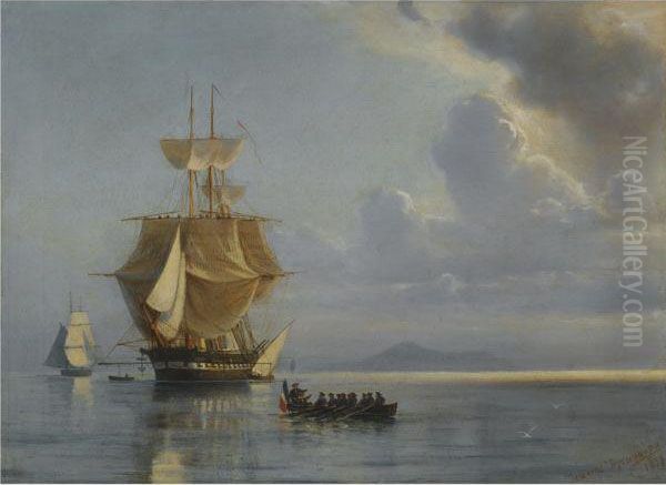 Frigate On Calm Waters Oil Painting by Ioannis (Jean H.) Altamura