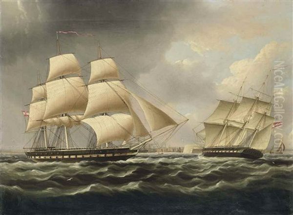 An Austrian Frigate In Two Positions Off The Harbour At Cadiz Oil Painting by Thomas Buttersworth