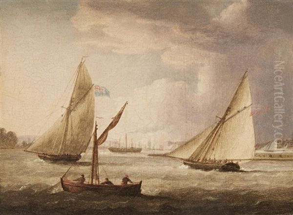 Shipping Off Gravesend And Naval Cutters Off Portsmouth, A Pair Oil Painting by Thomas Buttersworth