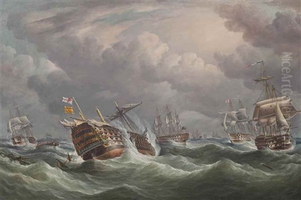 The Aftermath Of Trafalgar: The Spanish Flagship Santisima Trinidad Wallowing In The Swell Under Prize Colours Oil Painting by Thomas Buttersworth