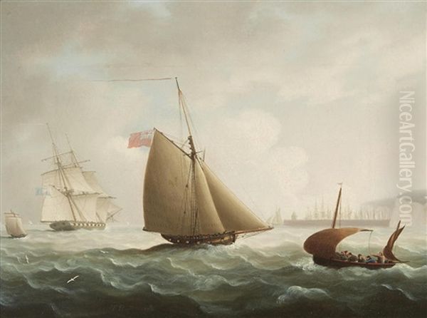 A Naval Cutter, Brig And Lugger Off The Coast Oil Painting by Thomas Buttersworth