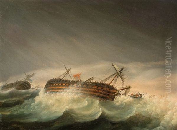 Ships In Distress Oil Painting by Thomas Buttersworth