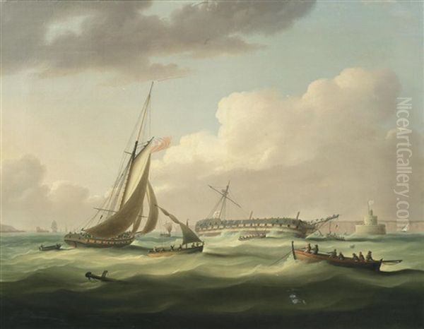 The Wreck Of H.m.s. Bombay Castle At The Mouth Of The Tagus, Lisbon On The 21st December 1796 Oil Painting by Thomas Buttersworth