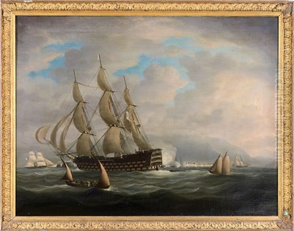 A 120-gun First Rate, Probably Hms Caledonia, Off The Harbour At Cadiz, Probably Homeward Bound And Saluting In Farewell Oil Painting by Thomas Buttersworth