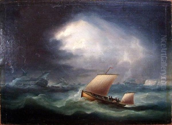 An Easterly Gale In The Downs, With A Deal Galley Sailing To Render Assitance To A Large Ship On The Goodwin Sands by Thomas Buttersworth