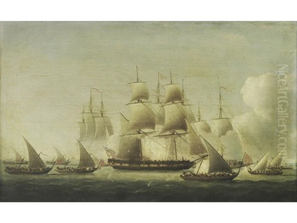 A Pair Of Naval Scenes Depicting The Fight Of The Ranger Oil Painting by Thomas Buttersworth