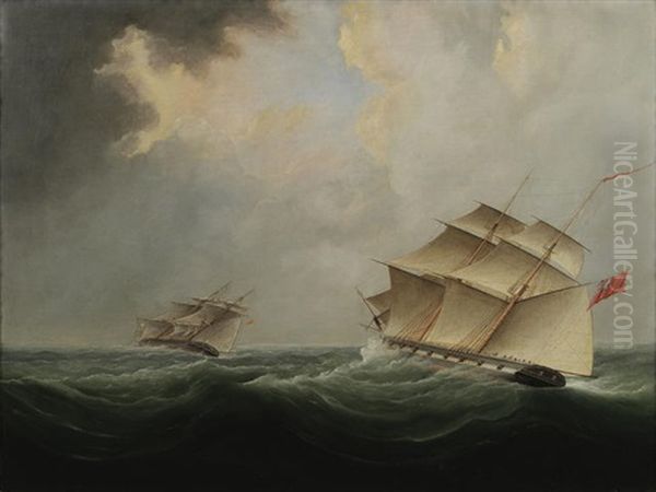 A Naval Brig Pursuing Another Oil Painting by Thomas Buttersworth