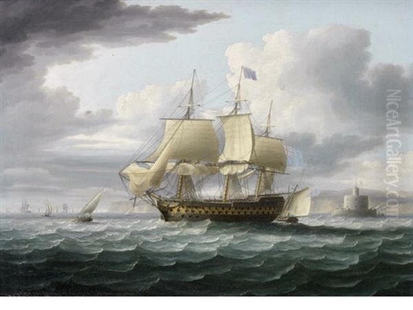 Admiral Lord St. Vincent's Flagship Ville De Paris Hove-to, But About To Get Underway Again Having Dropped Her Pilot Off The Bugio Lighthouse At The Mouth Of The Tagus Oil Painting by Thomas Buttersworth