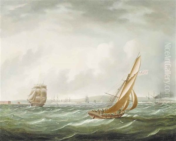 A Royal Navy Frigate, Cutter And A Channel Packet In The Solent, Off Hurst Castle by Thomas Buttersworth