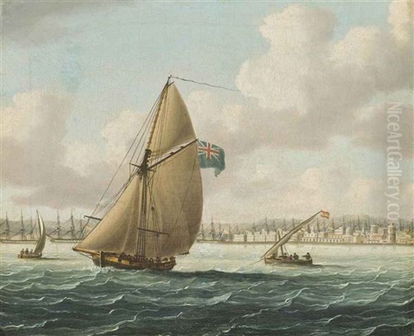 The Blockade Of Cadiz: The Spanish Fleet Lying In The Port Of Cadiz With A Royal Navy Cutter Patrolling The Harbour Oil Painting by Thomas Buttersworth