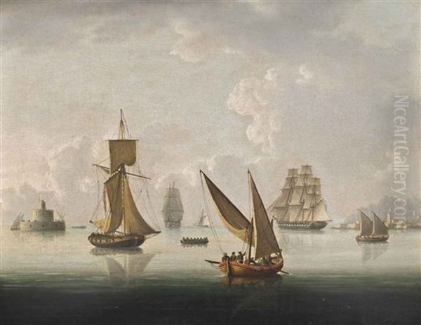 British Warships, An Armed Cutter And Xebecs Becalmed On The Tagus, Lisbon Oil Painting by Thomas Buttersworth