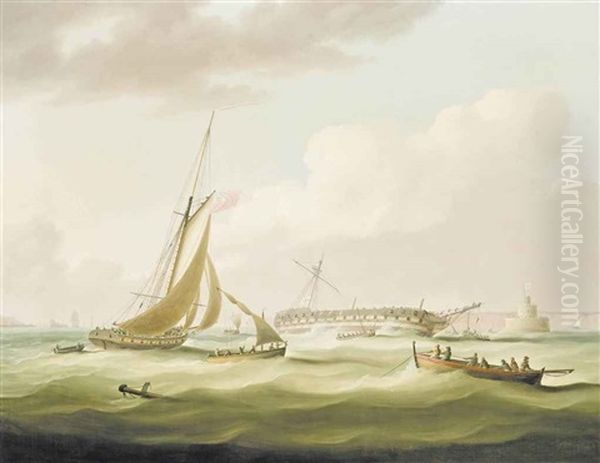 The Wreck Of H.m.s. Bombay Castle At The Mouth Of The Tagus, Lisbon On The 21st December 1796, With The Belem Tower Seen Beyond Oil Painting by Thomas Buttersworth