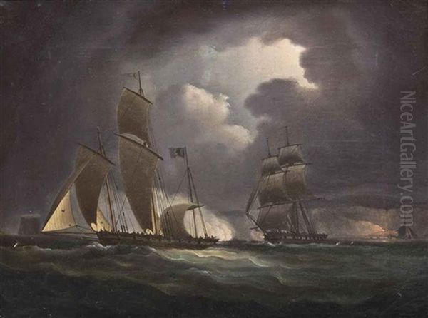 A Royal Navy Frigate Chasing An Enemy Lugger Under The Cover Of Darkness Oil Painting by Thomas Buttersworth