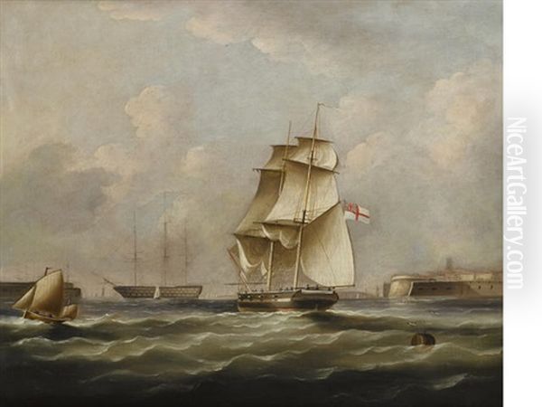 A Naval Brig Of The White Fleet Approaching An Anchorage Oil Painting by Thomas Buttersworth