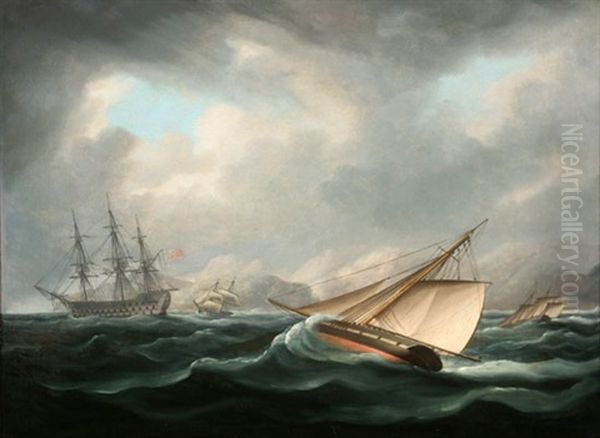 A Brig And Two Frigates Off The Tagus And A Pirate Lugger And Fourth Rafter Off A Rocky Coast (2 Works) Oil Painting by Thomas Buttersworth