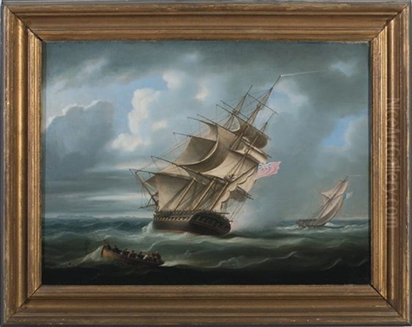 A British Man O' War Chasing A French Cutter Oil Painting by Thomas Buttersworth