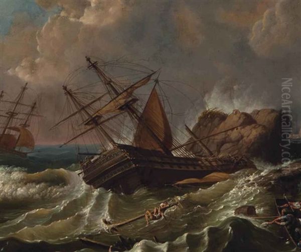 A Shipwreck Off The Coast Oil Painting by Thomas Buttersworth