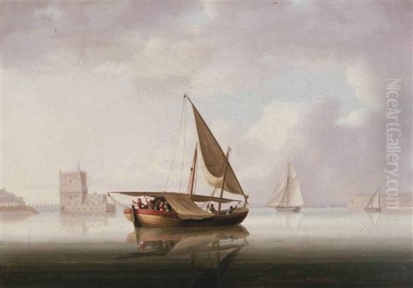 A Cutter Yacht, Xebec And Other Mediterranean Craft In The Tagus, Before The Belem Tower, Lisbon Oil Painting by Thomas Buttersworth