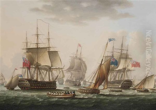 Napoleon Being Transferred From H.m.s. Bellerophon To H.m.s. Northumberland Off Plymouth, On 7th August 1815, For His Final Voyage To St. Helena Oil Painting by Thomas Buttersworth