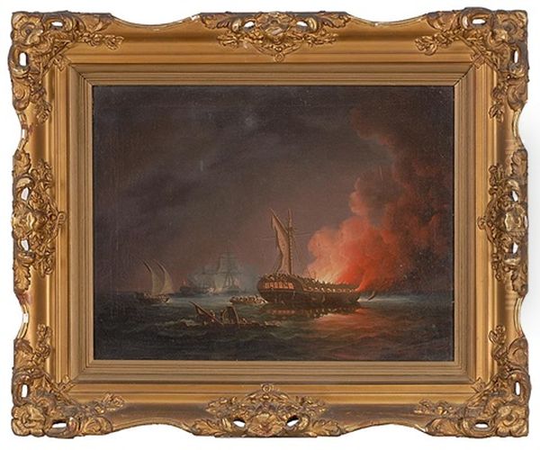 Dramatic Scene Of A Naval Battle At Night Oil Painting by Thomas Buttersworth