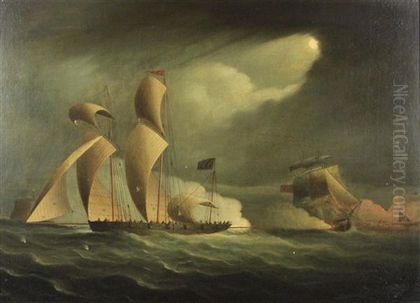 Sea Battle By Moonlight Oil Painting by Thomas Buttersworth