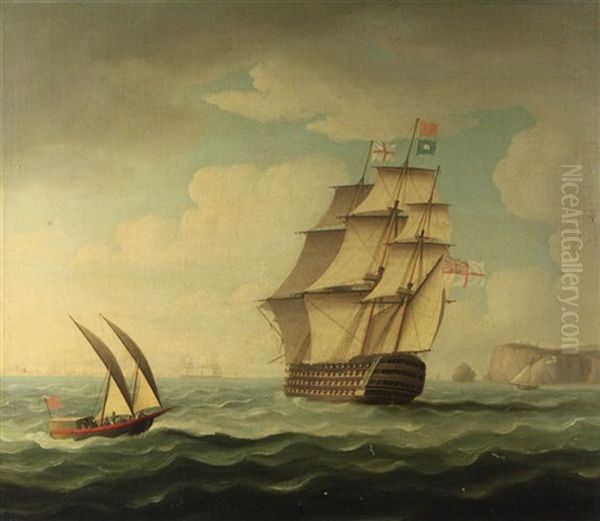 Hms Hibernia: 120 Guns Off The Coast Oil Painting by Thomas Buttersworth