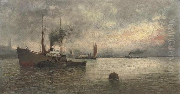 Unloading Cargo In A Harbour Oil Painting by Ioannis (Jean H.) Altamura